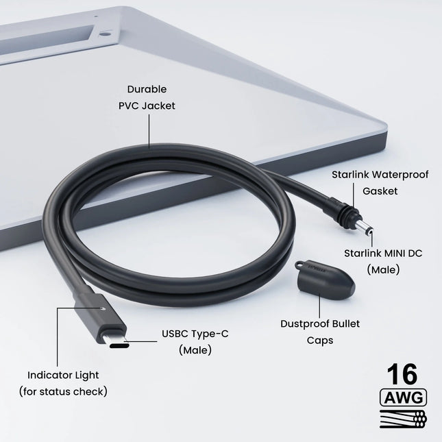 STARGEAR Mini 140W USB-C to DC Power Cable with LED for Starlink Mini 2m / 5m