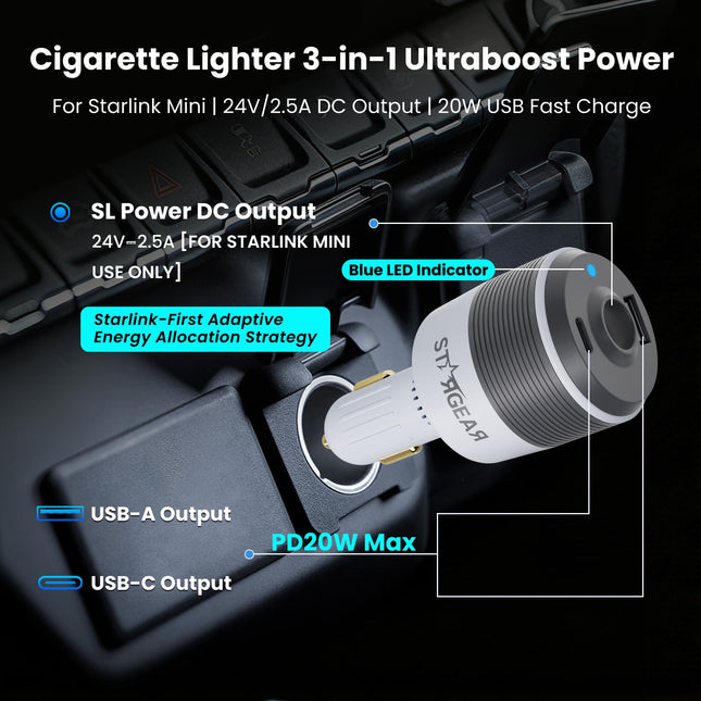 STARGEAR Mini 3-IN-1 Ultra Boost Car Adapter 12-24V 60W with Dual USB